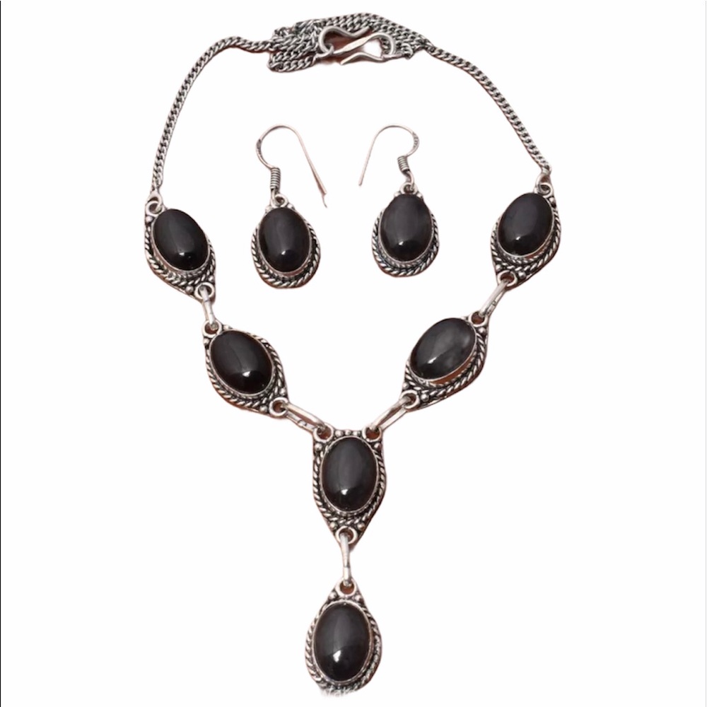 Black Onyx 925 Silver Necklace & Earrings Set NWT